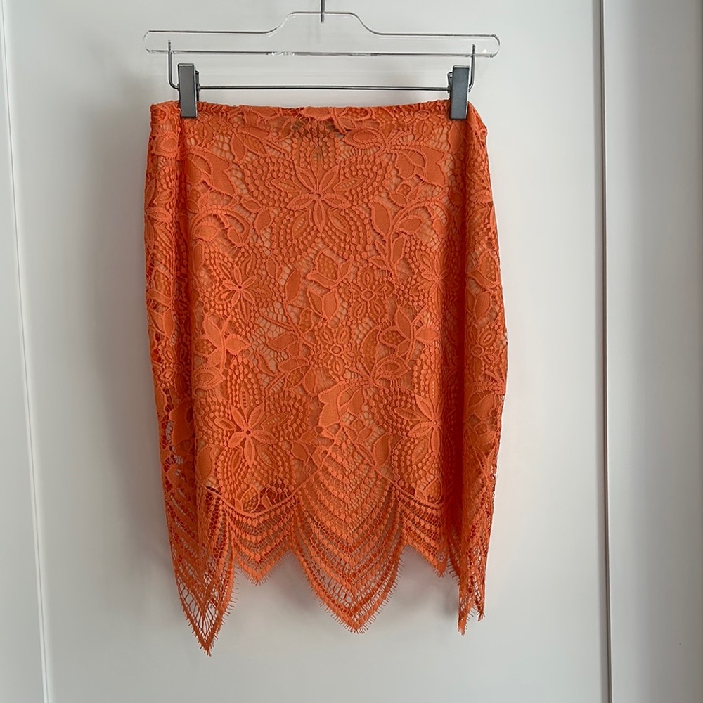 For Love & Lemons Orange Lace Pencil Skirt